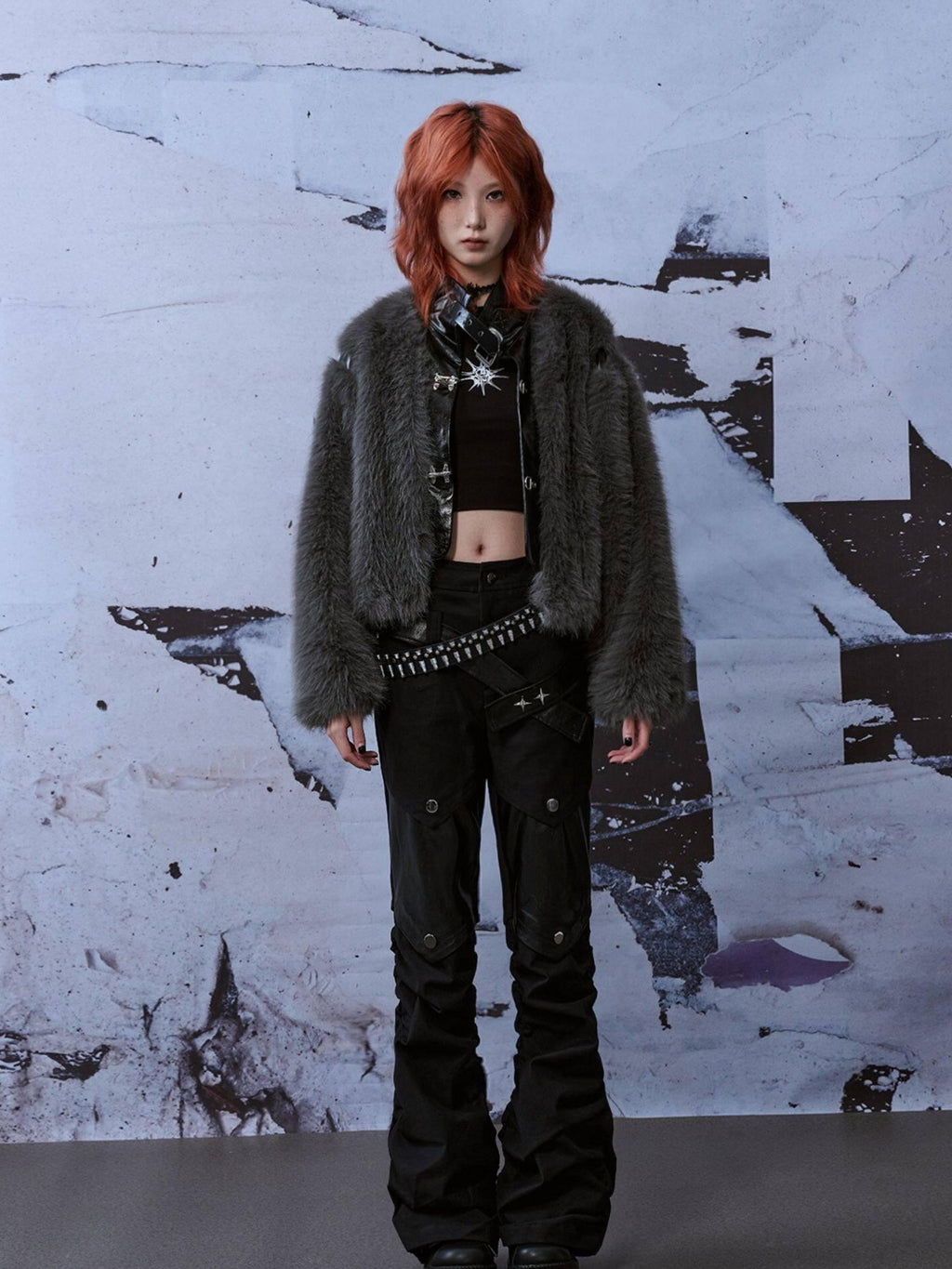 Frustration Garden Thick Insulated Loose Fit Half High Collar Women Grey Pu Cropped Jackets