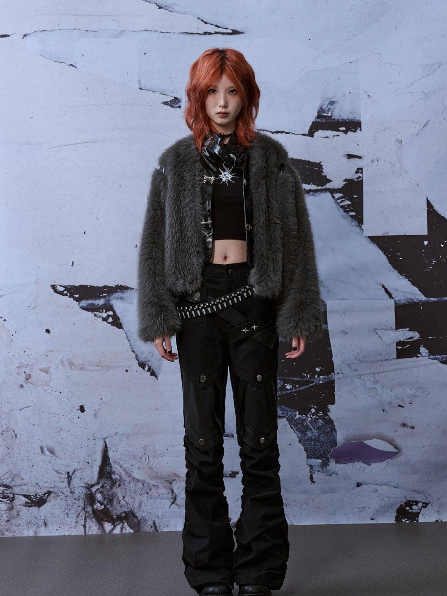 Frustration Garden Thick Insulated Loose Fit Half High Collar Women Grey Pu Cropped Jackets