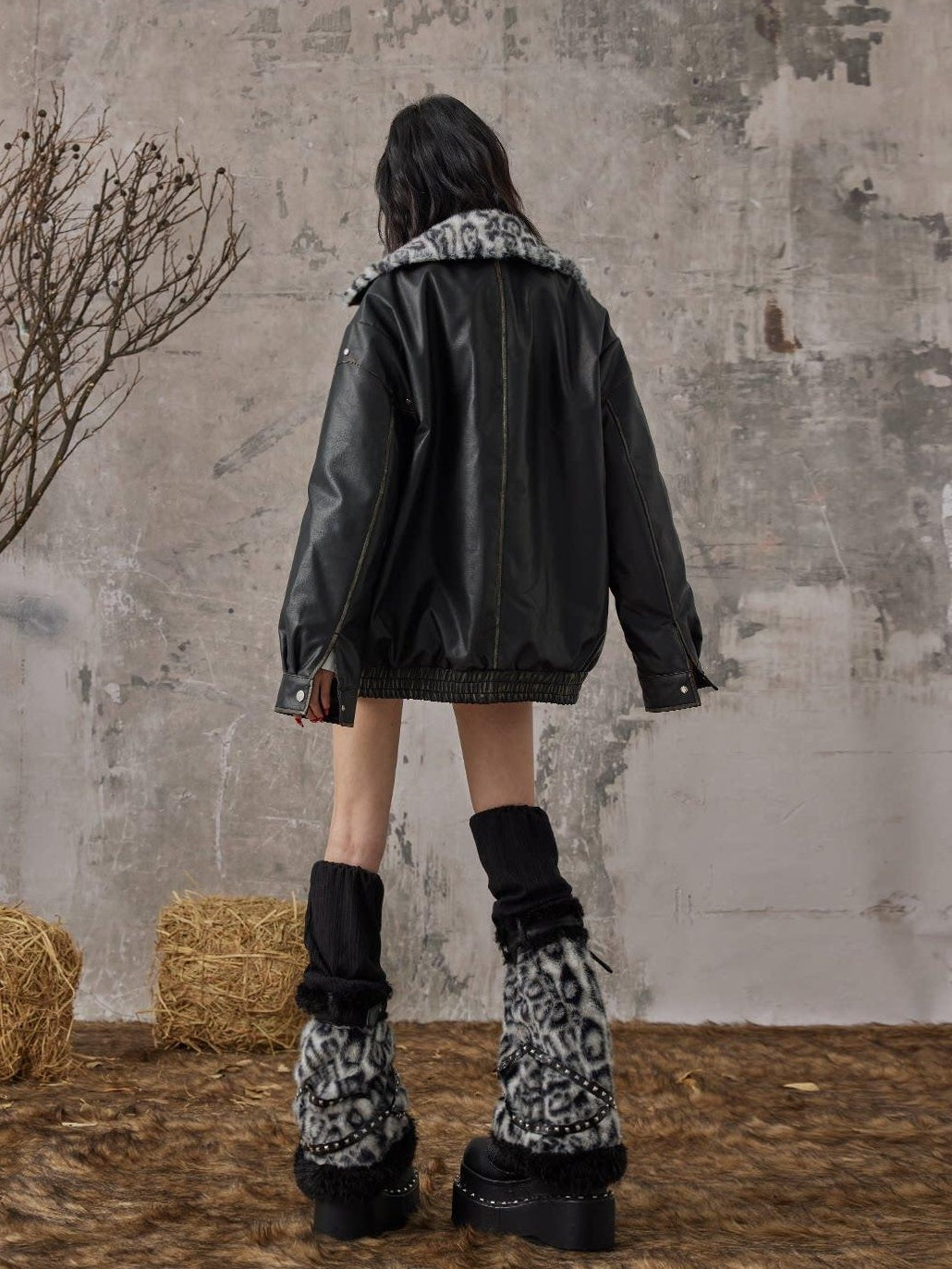 Frustration Garden Thick Warm Loose Pu Fur Collar Zipper Women Leopard Black Leather Jackets