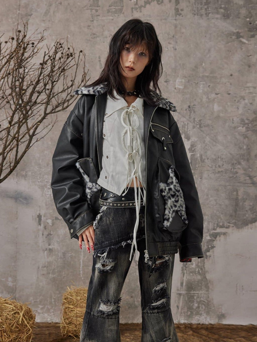 Frustration Garden Thick Warm Loose Pu Fur Collar Zipper Women Leopard Black Leather Jackets