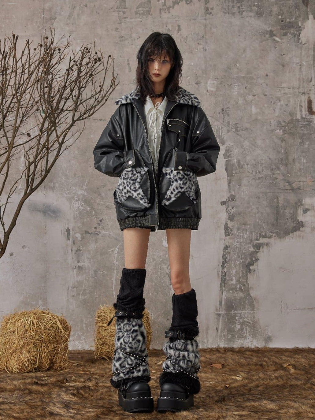 Frustration Garden Thick Warm Loose Pu Fur Collar Zipper Women Leopard Black Leather Jackets