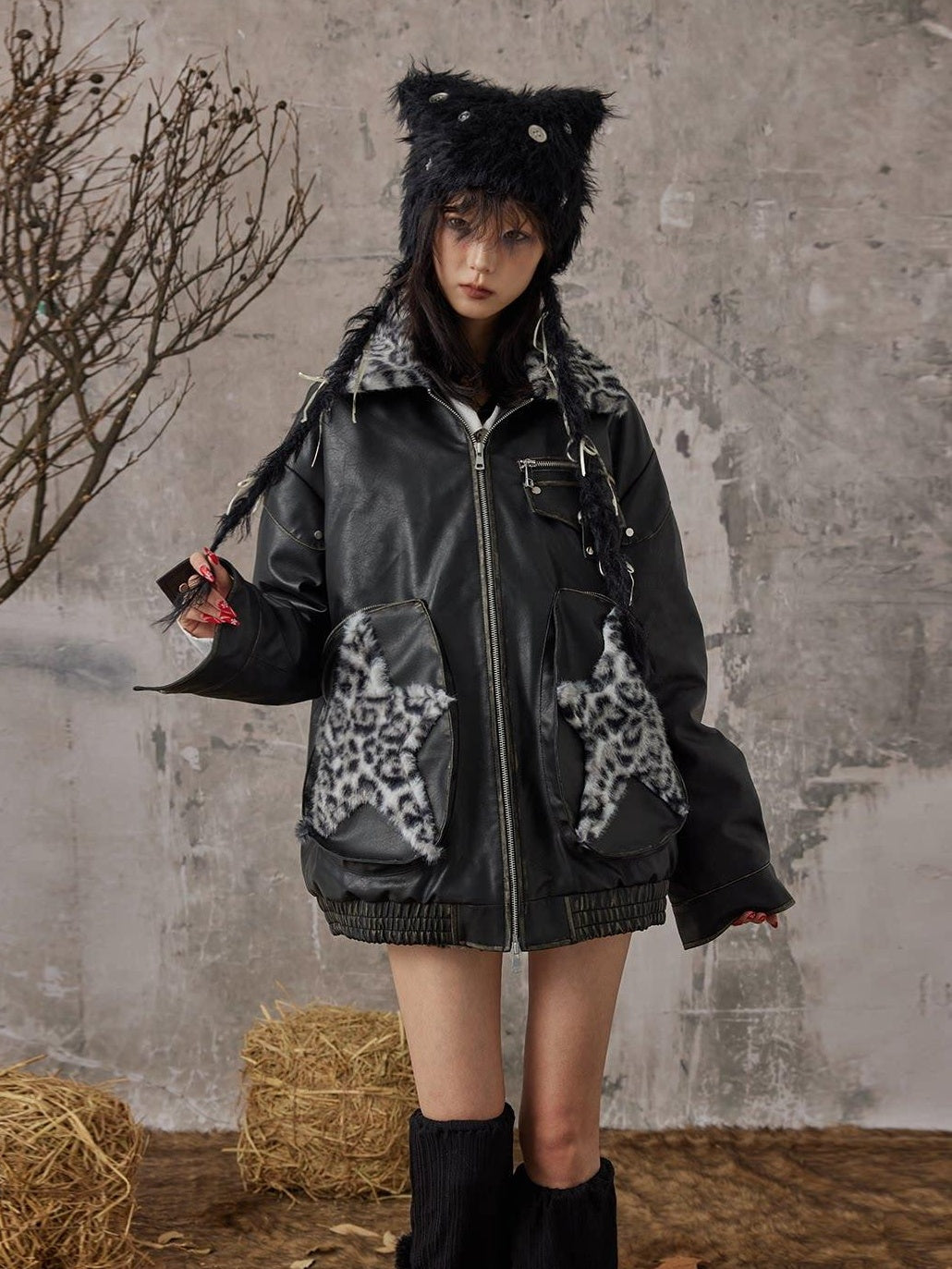 Frustration Garden Thick Warm Loose Pu Fur Collar Zipper Women Leopard Black Leather Jackets