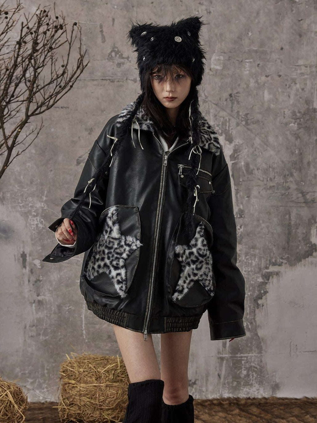 Frustration Garden Thick Warm Loose Pu Fur Collar Zipper Women Leopard Black Leather Jackets