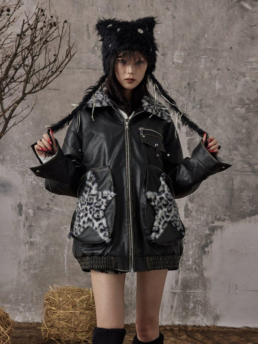 Frustration Garden Thick Warm Loose Pu Fur Collar Zipper Women Leopard Black Leather Jackets