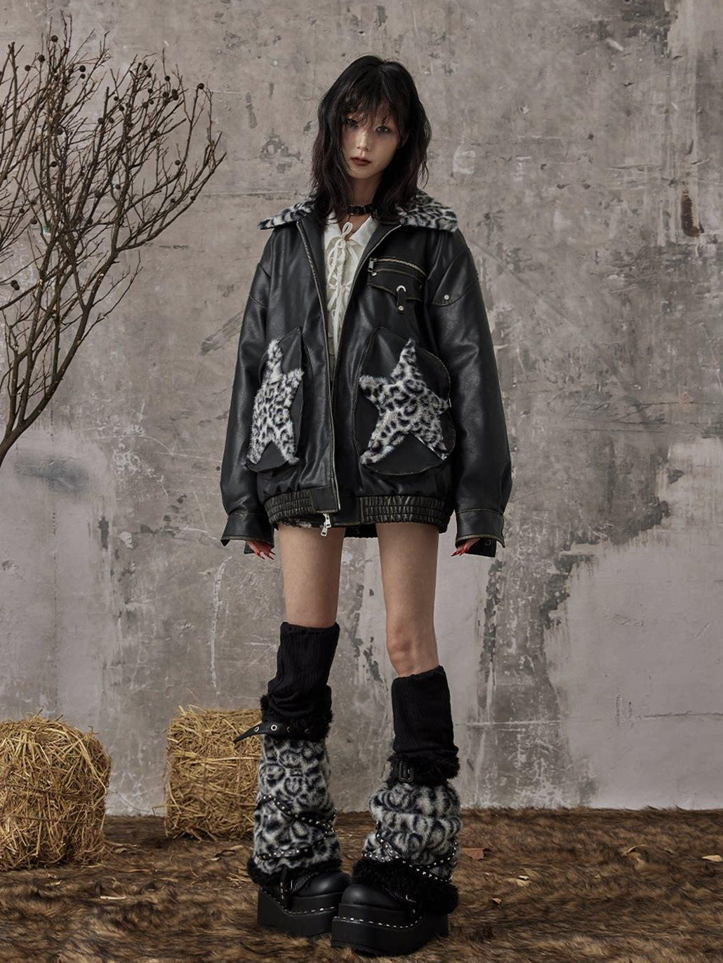 Frustration Garden Thick Warm Loose Pu Fur Collar Zipper Women Leopard Black Leather Jackets