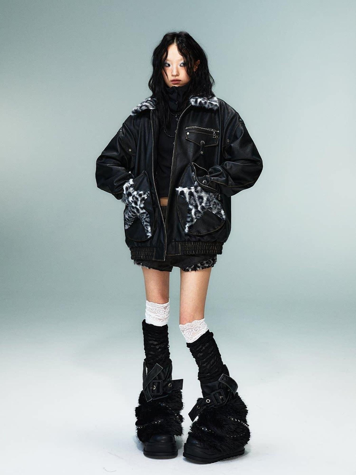 Frustration Garden Thick Warm Loose Pu Fur Collar Zipper Women Leopard Black Leather Jackets