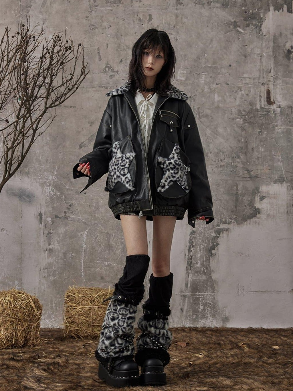 Frustration Garden Thick Warm Loose Pu Fur Collar Zipper Women Leopard Black Leather Jackets