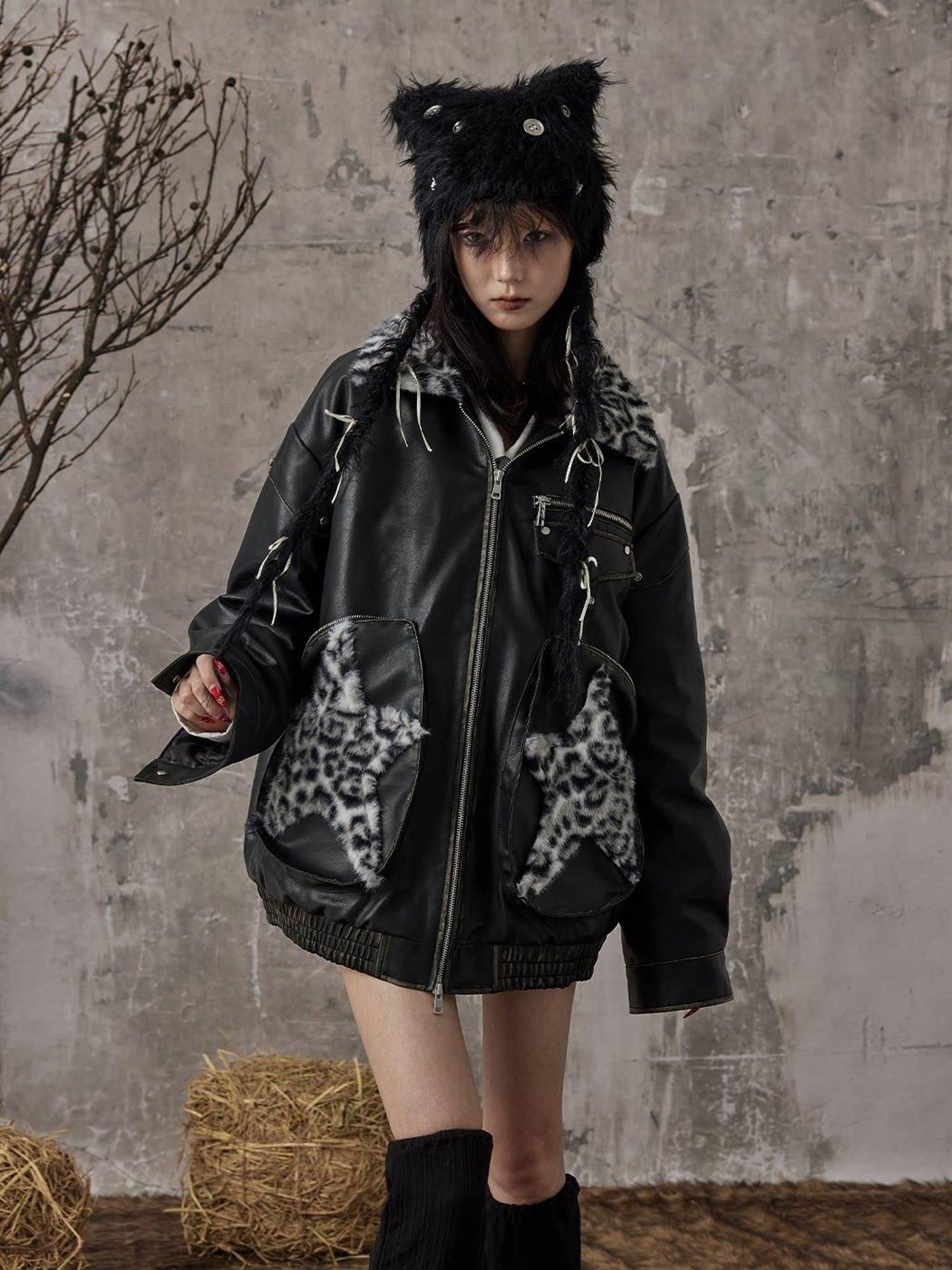 Frustration Garden Thick Warm Loose Pu Fur Collar Zipper Women Leopard Black Leather Jackets