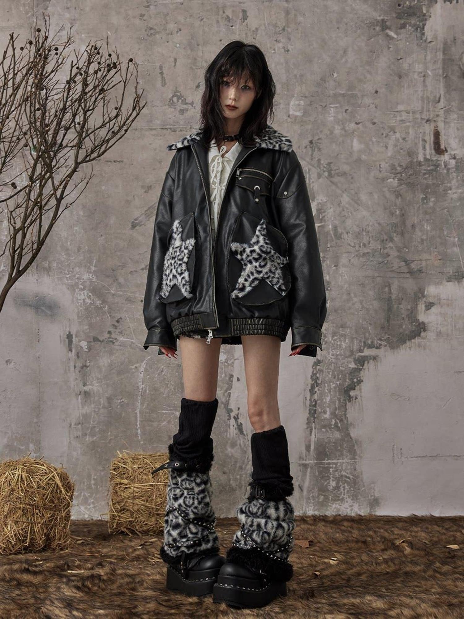 Frustration Garden Thick Warm Loose Pu Fur Collar Zipper Women Leopard Black Leather Jackets
