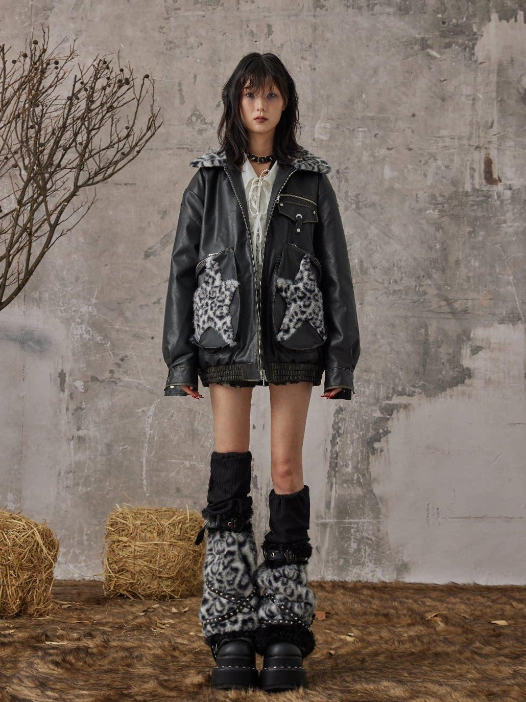 Frustration Garden Thick Warm Loose Pu Fur Collar Zipper Women Leopard Black Leather Jackets