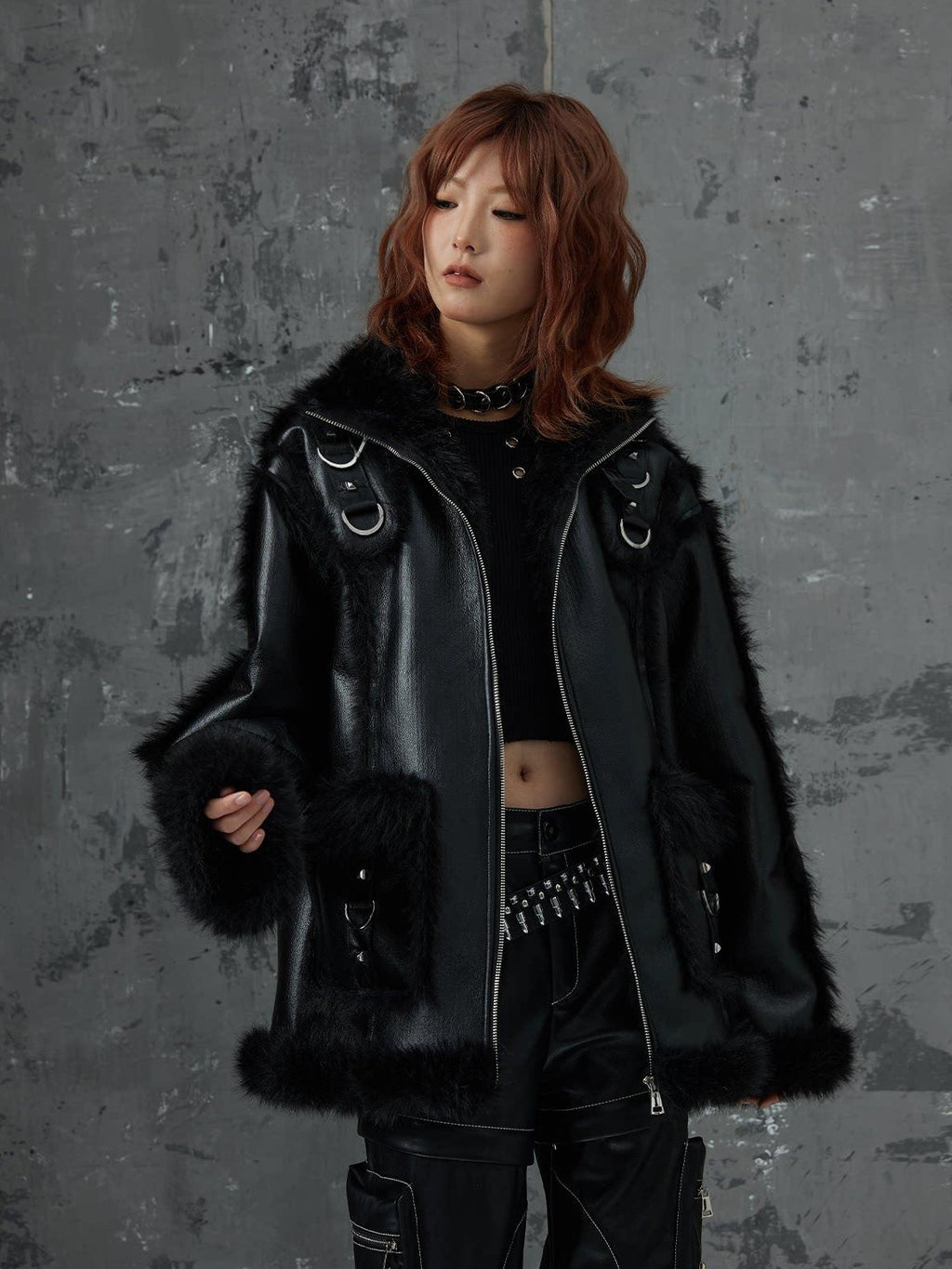 Frustration Garden Thick Warm Original Loose Fit Faux Fur Lined Pu Leather Casual Jackets