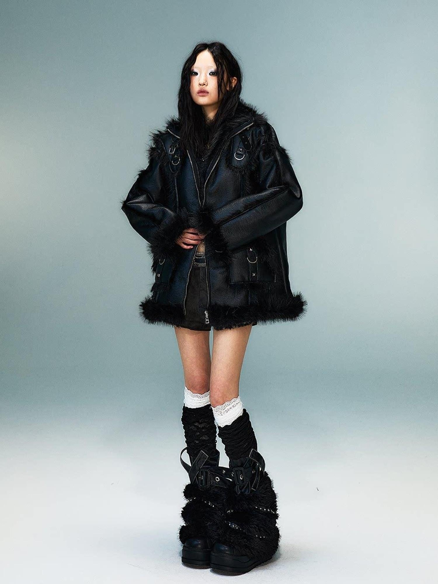 Frustration Garden Thick Warm Original Loose Fit Faux Fur Lined Pu Leather Casual Jackets