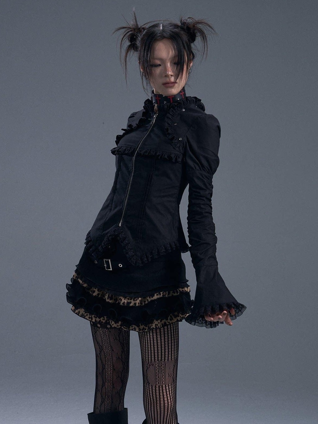 Frustration Garden Unique Slim Fit Cotton Ruched Lace Collar Bell Sleeves Zipper Tie Black Blouses