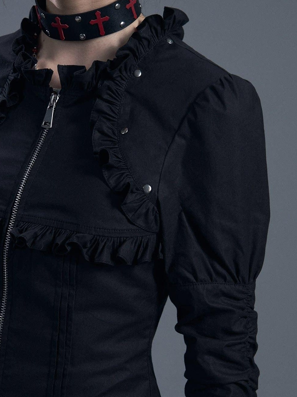 Frustration Garden Unique Slim Fit Cotton Ruched Lace Collar Bell Sleeves Zipper Tie Black Blouses