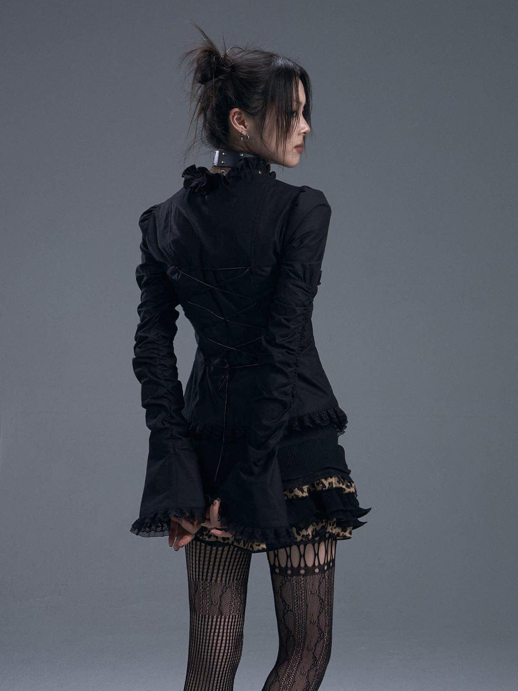Frustration Garden Unique Slim Fit Cotton Ruched Lace Collar Bell Sleeves Zipper Tie Black Blouses