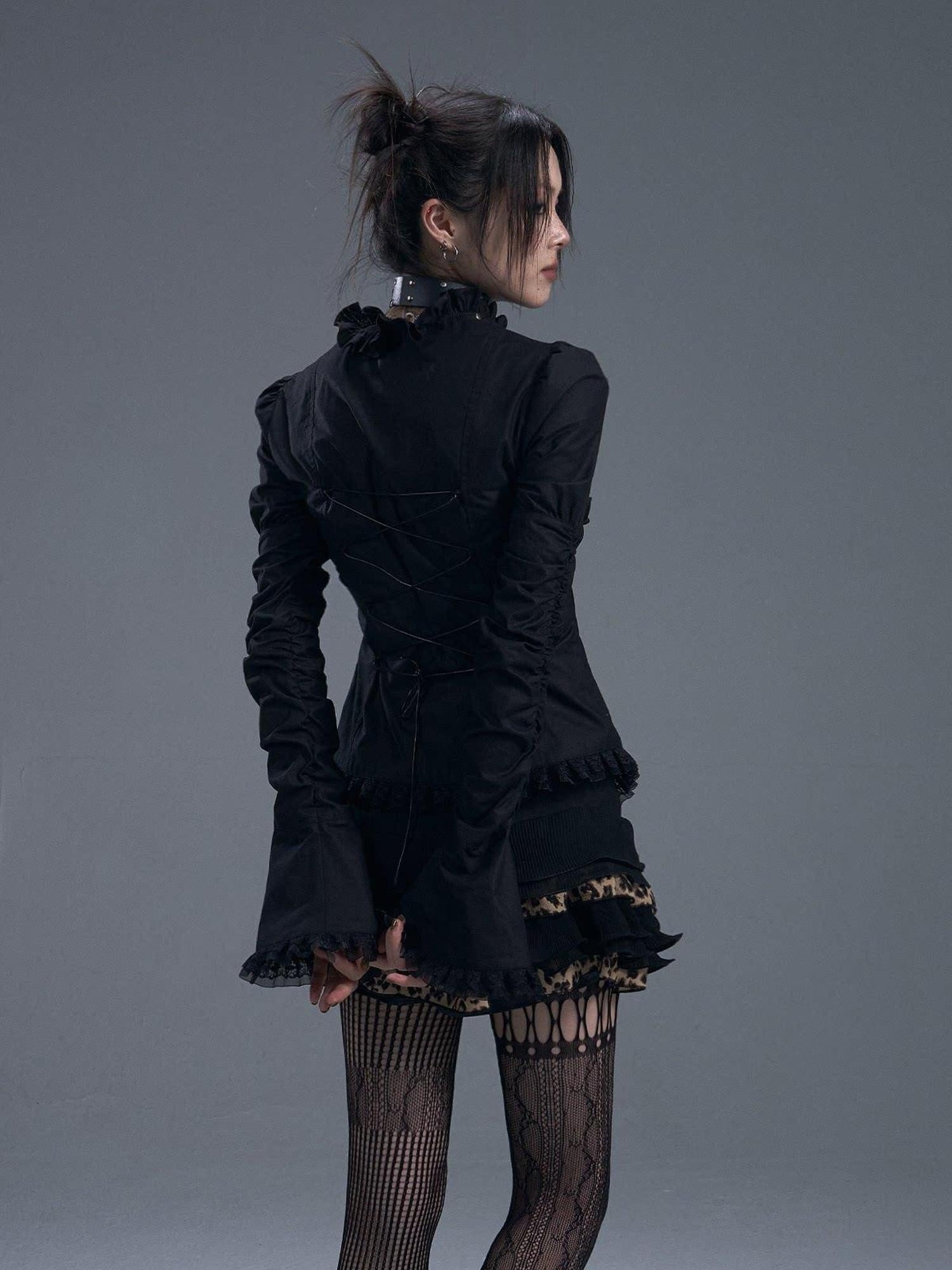 Frustration Garden Unique Slim Fit Cotton Ruched Lace Collar Bell Sleeves Zipper Tie Black Blouses