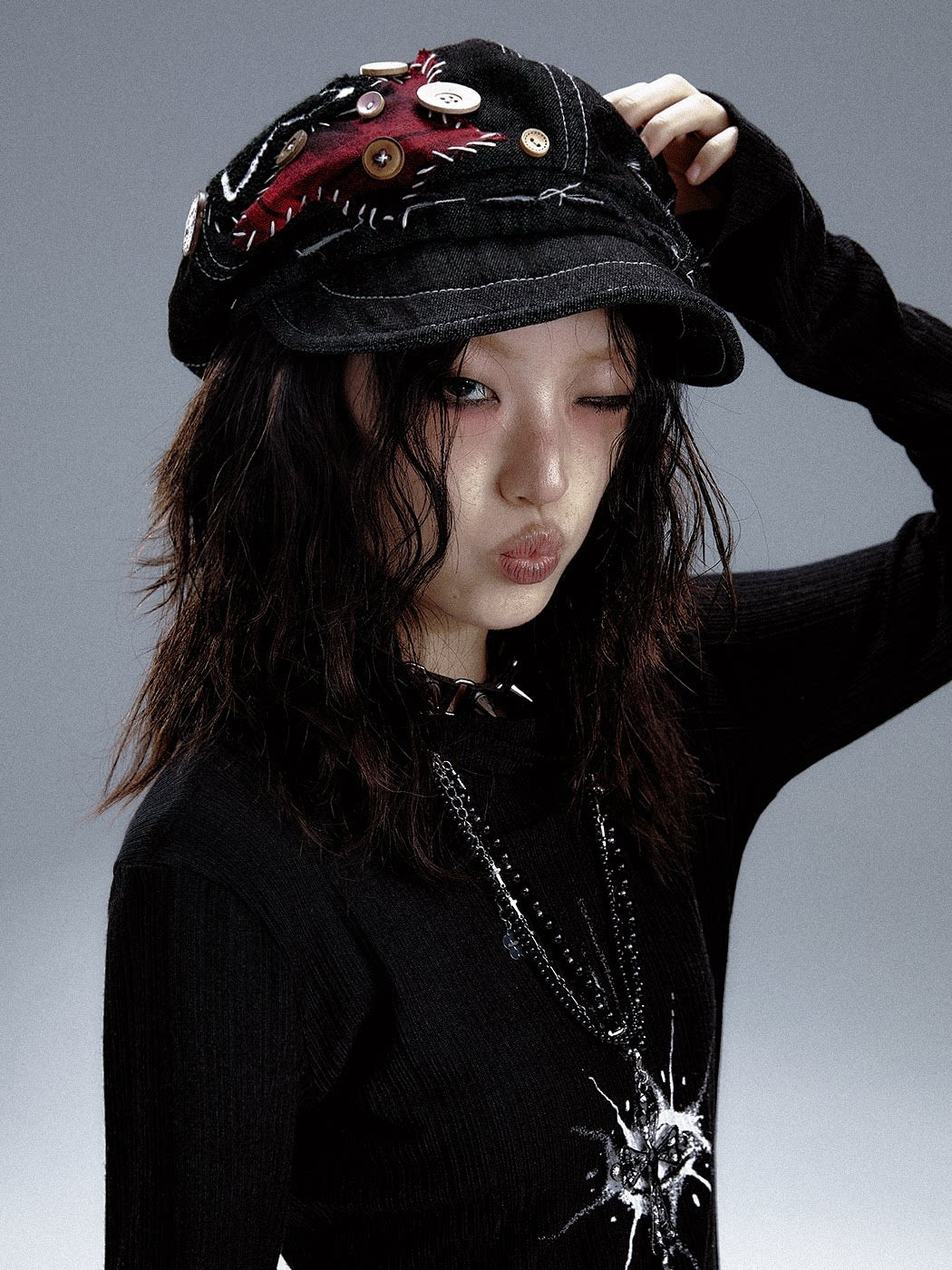 Frustration_Garden_Versatile_Denim_Patch_Detail_Unisex_Youth_Casual_Black_Berets_MISSTT