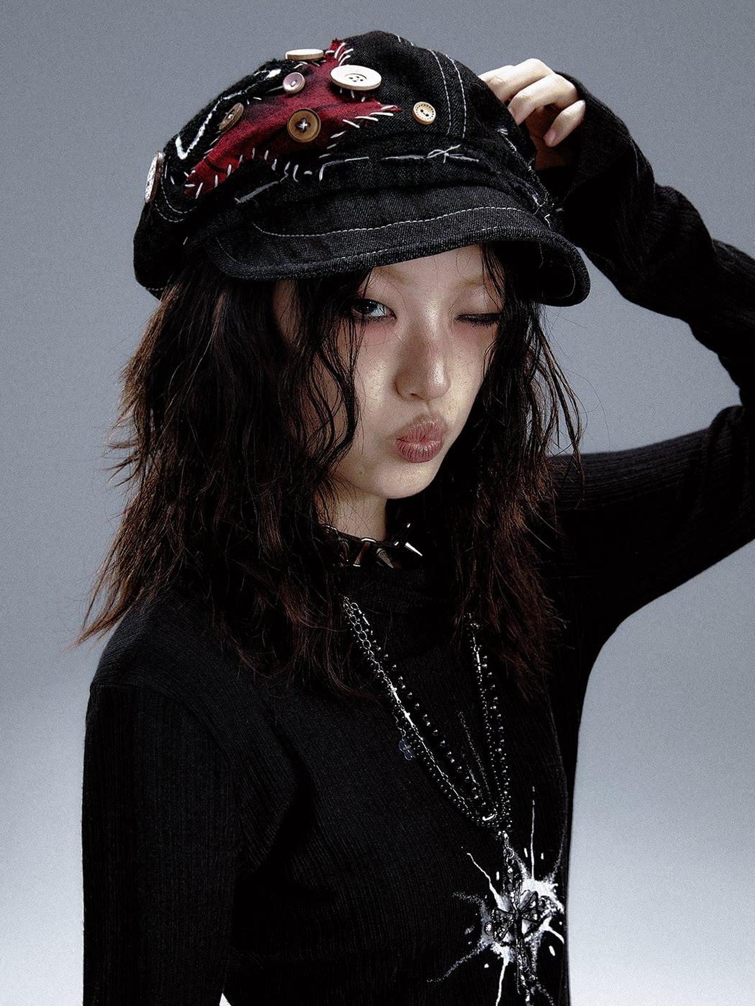 Frustration Garden Versatile Denim Patch Detail Unisex Youth Casual Black Berets