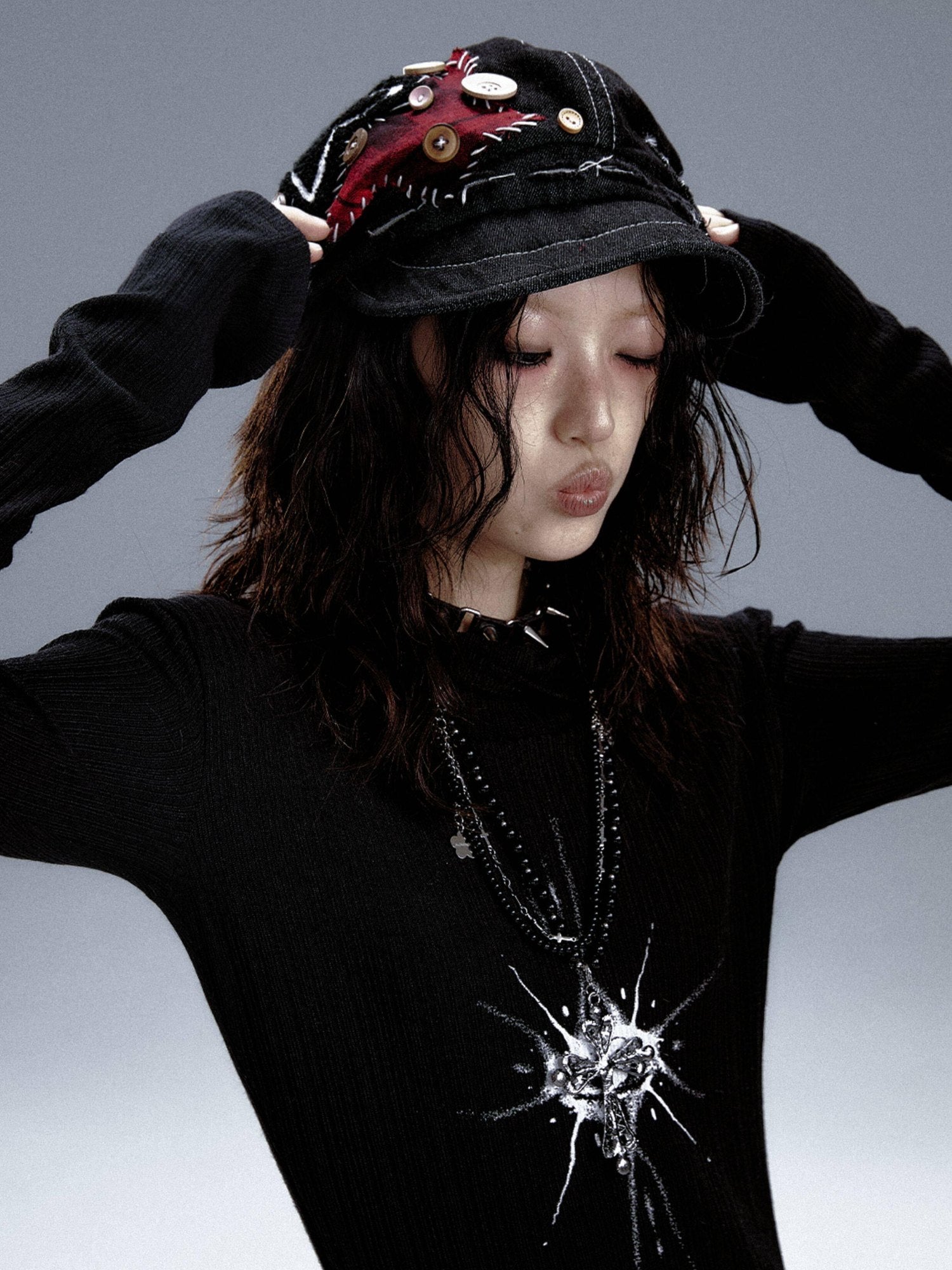 Frustration Garden Versatile Denim Patch Detail Unisex Youth Casual Black Berets