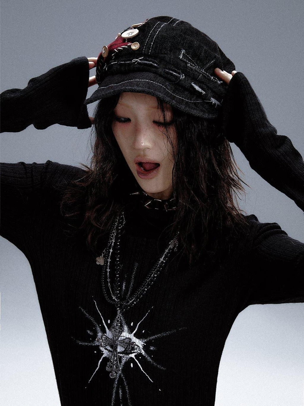 Frustration Garden Versatile Denim Patch Detail Unisex Youth Casual Black Berets