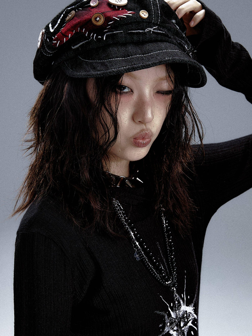 Frustration Garden Versatile Denim Patch Detail Unisex Youth Casual Black Berets