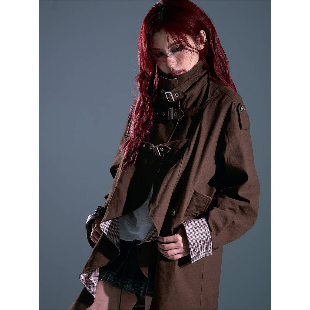 Frustration_Garden_Vintage_Commuter_Loose_Fit_Cotton_Plaid_Midlength_Ruffled_Button_Trench_Coats_MISSTT