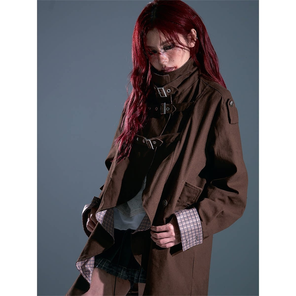 Frustration_Garden_Vintage_Commuter_Loose_Fit_Cotton_Plaid_Midlength_Ruffled_Button_Trench_Coats_MISSTT