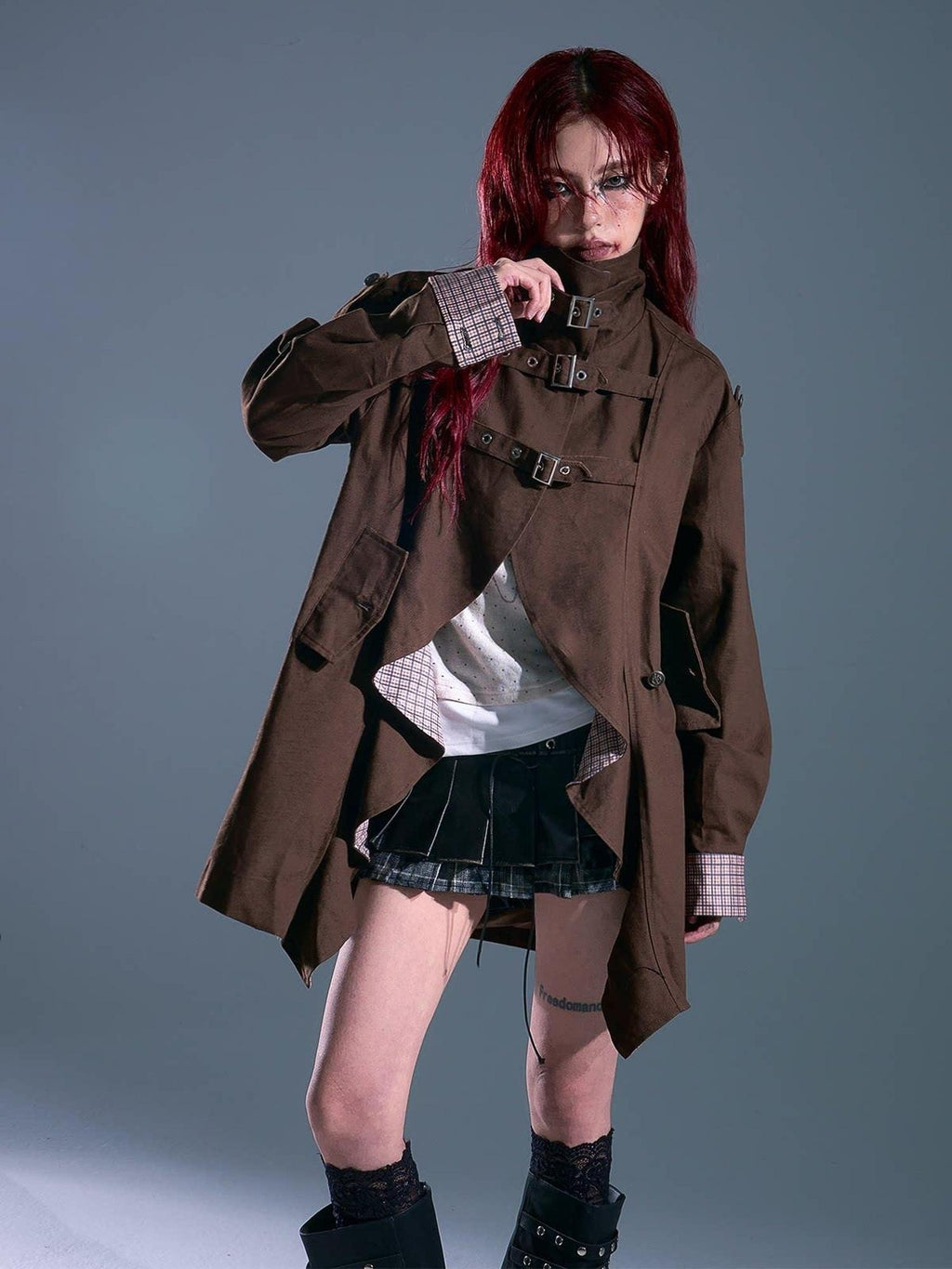 Frustration Garden Vintage Commuter Loose Fit Cotton Plaid Midlength Ruffled Button Trench Coats