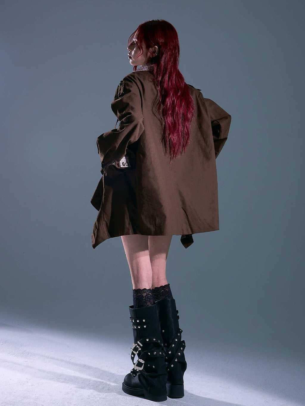 Frustration Garden Vintage Commuter Loose Fit Cotton Plaid Midlength Ruffled Button Trench Coats
