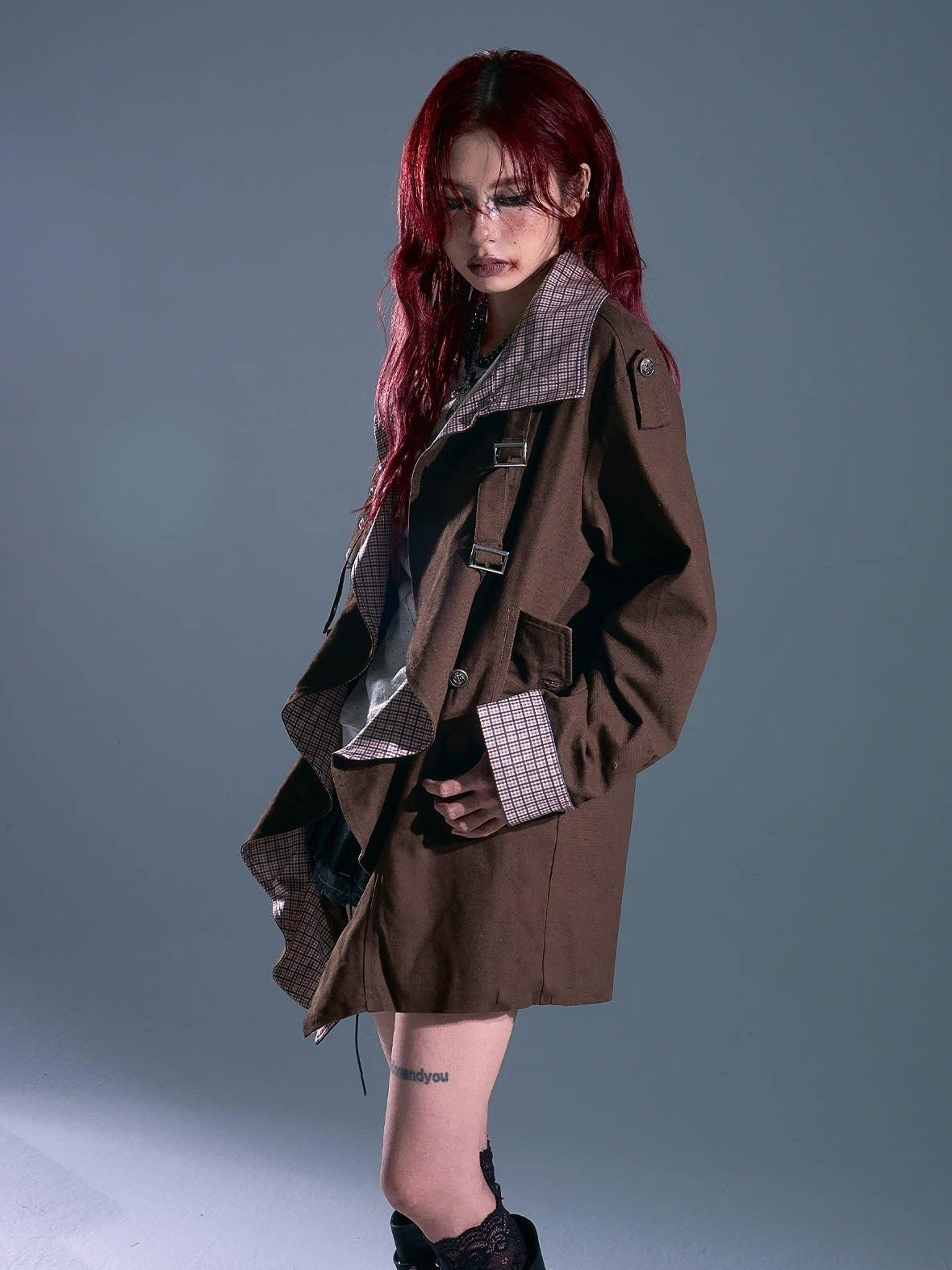 Frustration Garden Vintage Commuter Loose Fit Cotton Plaid Midlength Ruffled Button Trench Coats