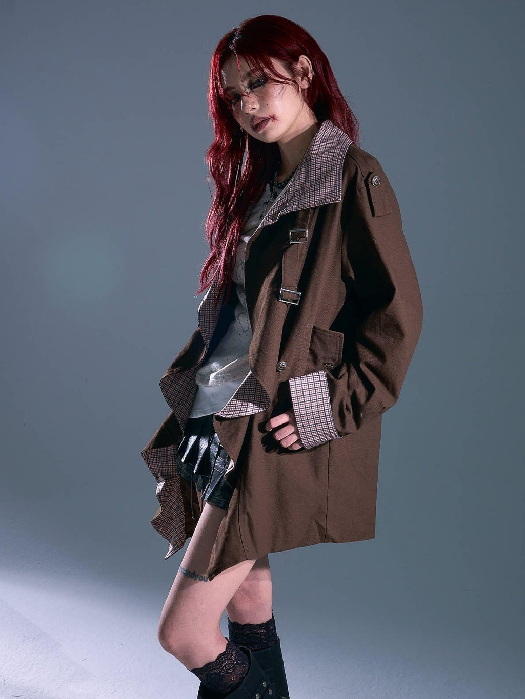 Frustration Garden Vintage Commuter Loose Fit Cotton Plaid Midlength Ruffled Button Trench Coats