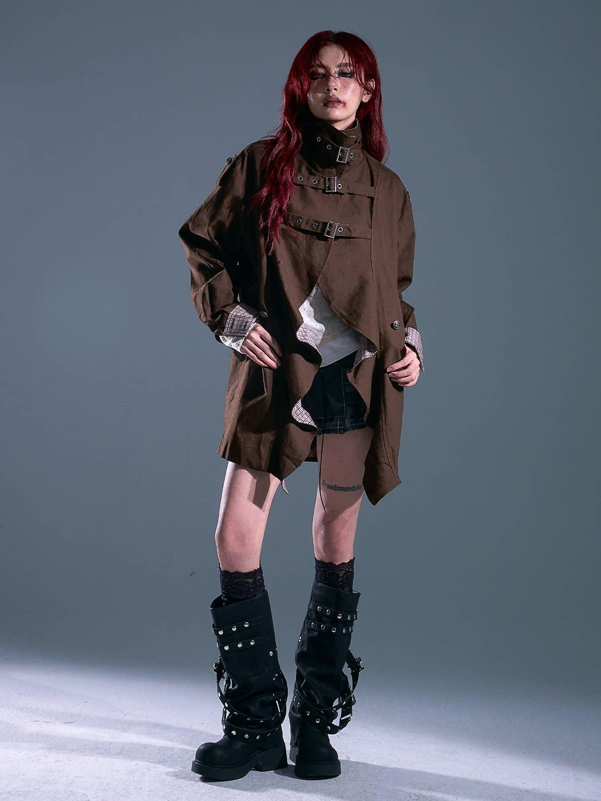 Frustration Garden Vintage Commuter Loose Fit Cotton Plaid Midlength Ruffled Button Trench Coats