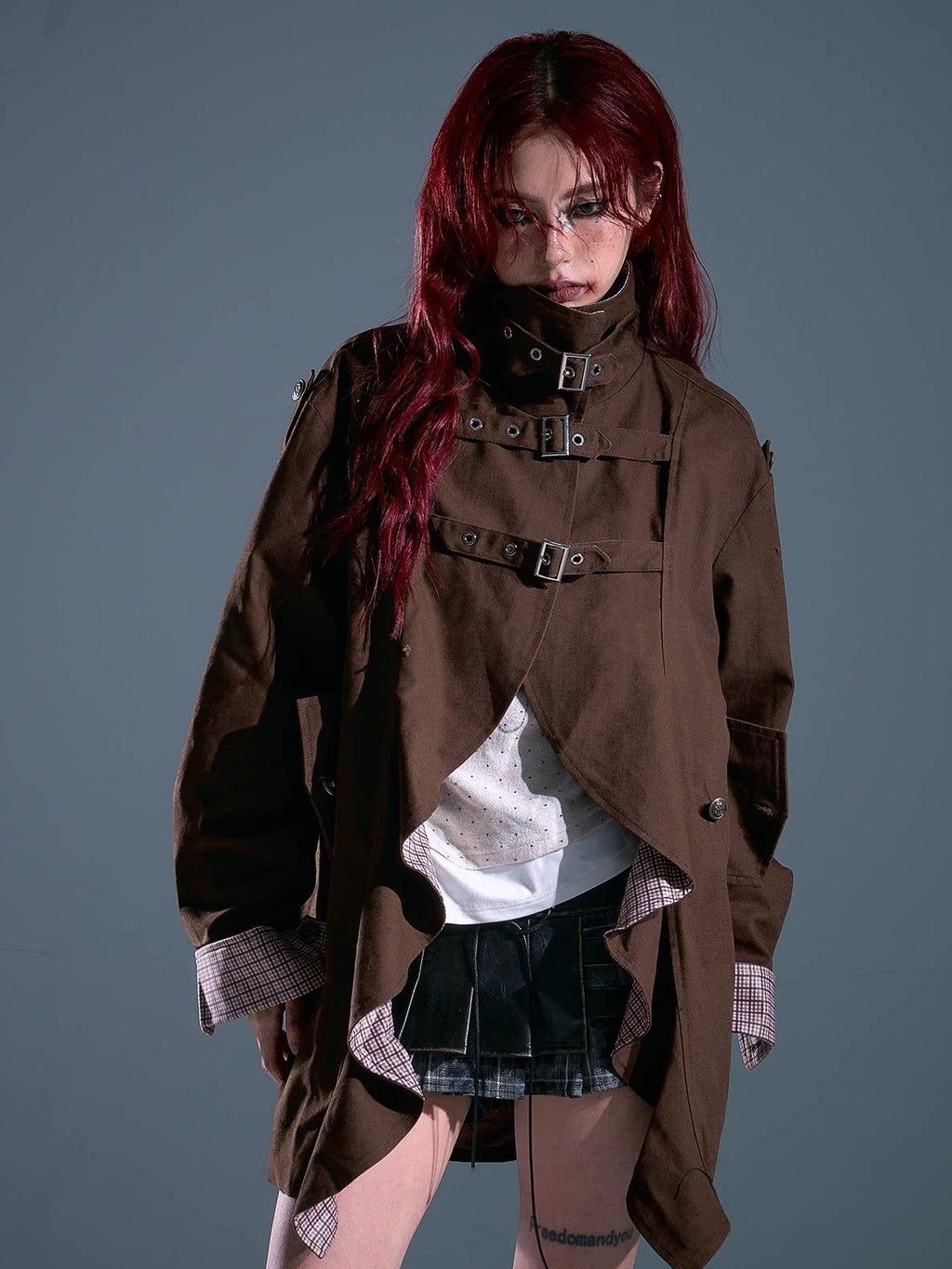 Frustration Garden Vintage Commuter Loose Fit Cotton Plaid Midlength Ruffled Button Trench Coats