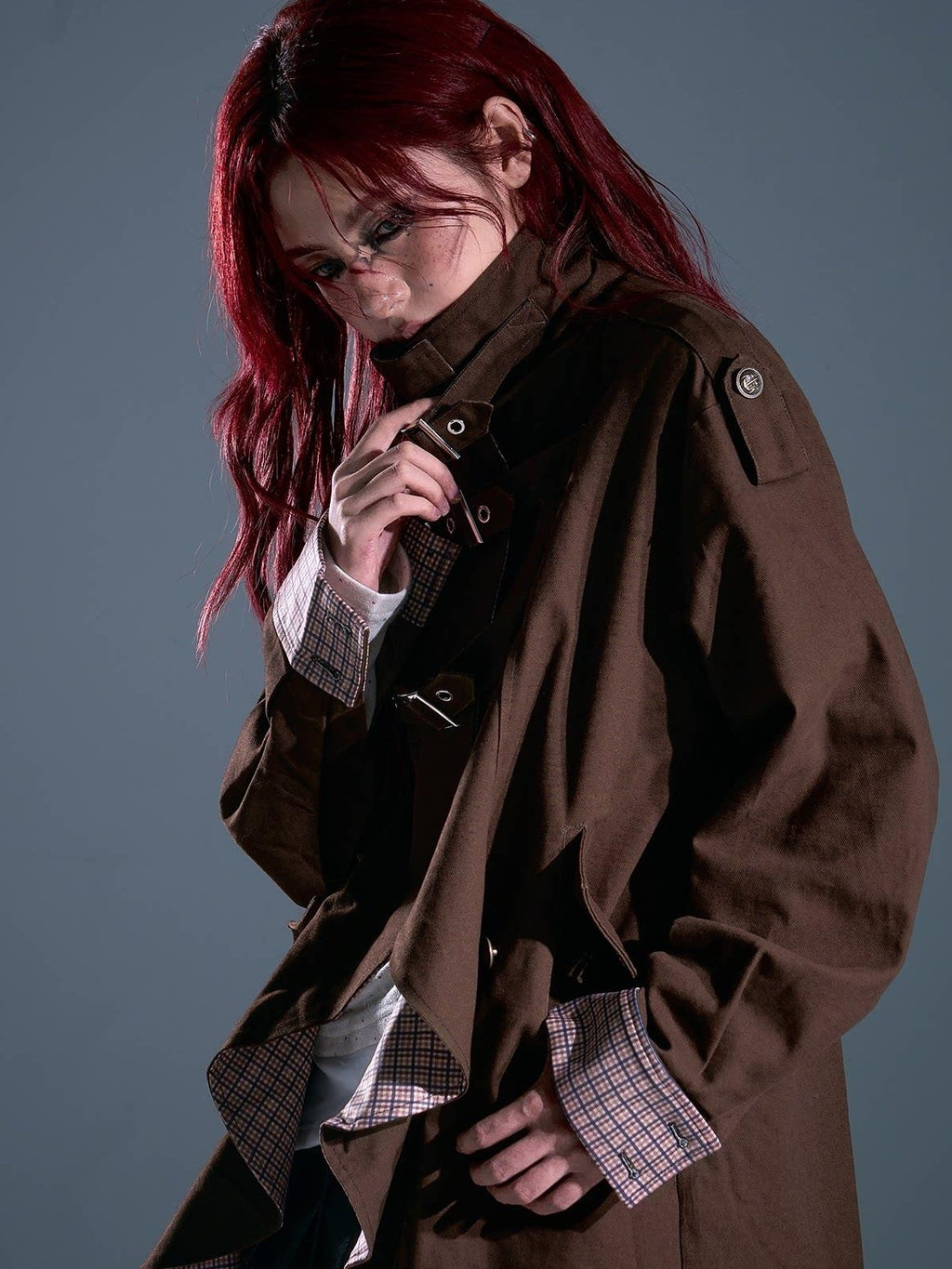 Frustration Garden Vintage Commuter Loose Fit Cotton Plaid Midlength Ruffled Button Trench Coats