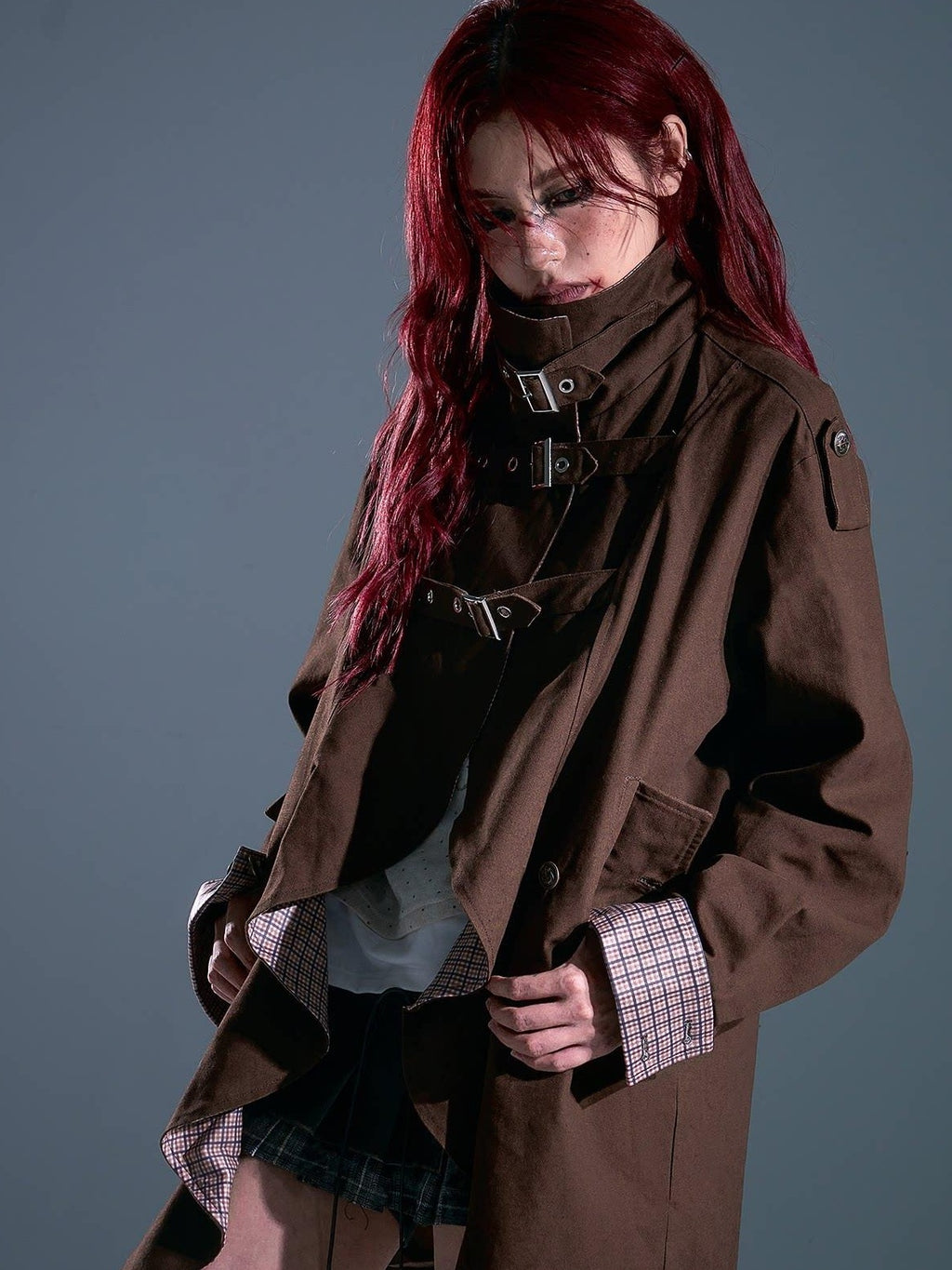 Frustration Garden Vintage Commuter Loose Fit Cotton Plaid Midlength Ruffled Button Trench Coats