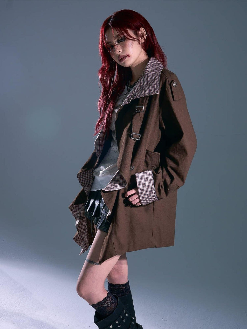 Frustration Garden Vintage Commuter Loose Fit Cotton Plaid Midlength Ruffled Button Trench Coats