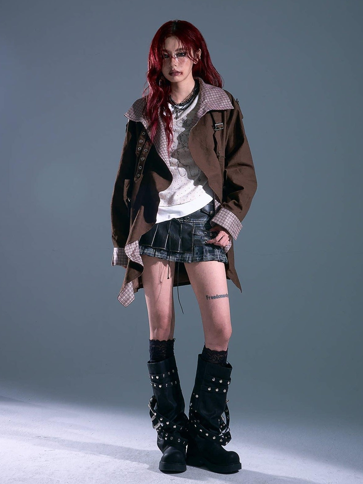 Frustration Garden Vintage Commuter Loose Fit Cotton Plaid Midlength Ruffled Button Trench Coats