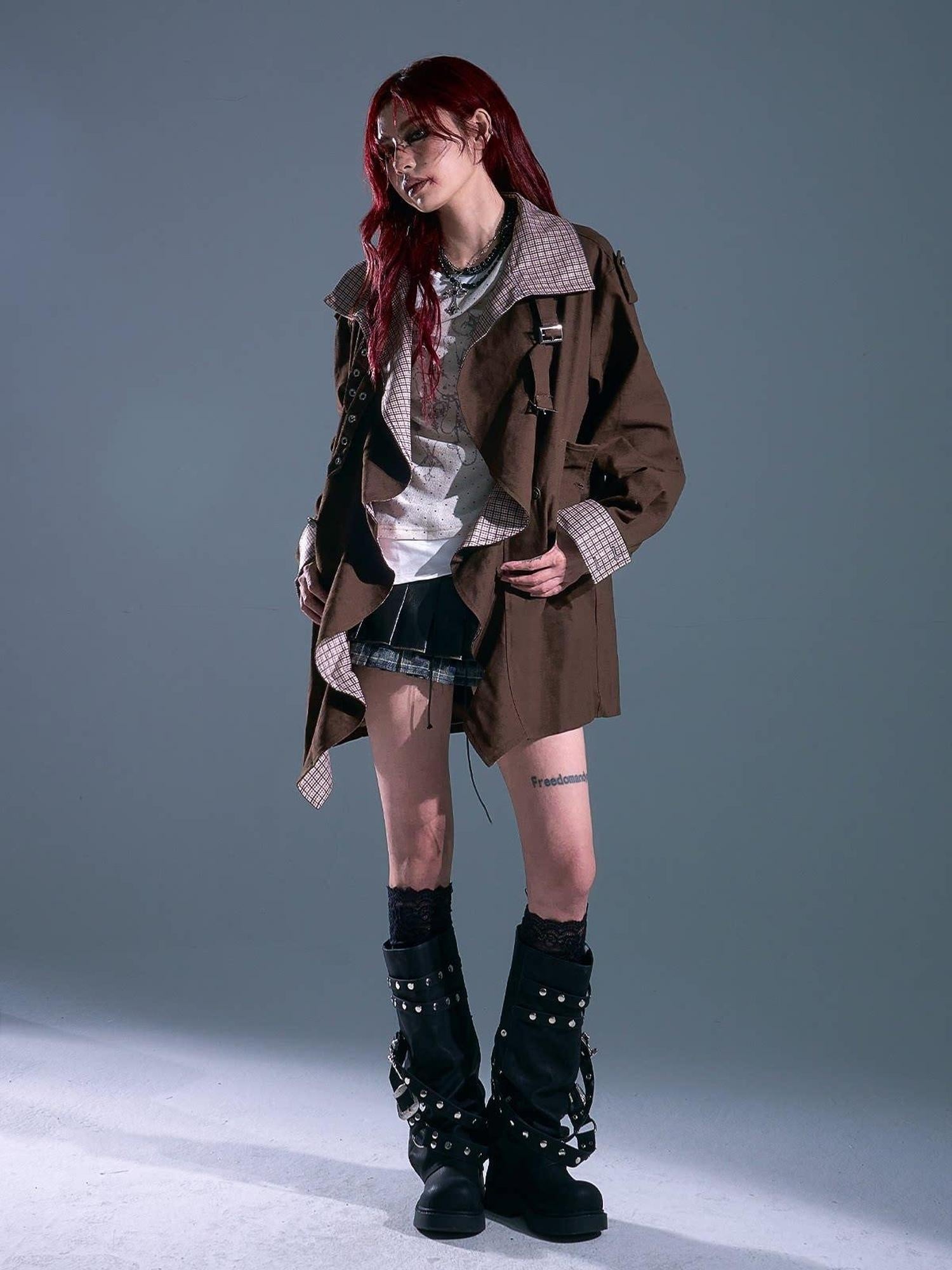 Frustration Garden Vintage Commuter Loose Fit Cotton Plaid Midlength Ruffled Button Trench Coats