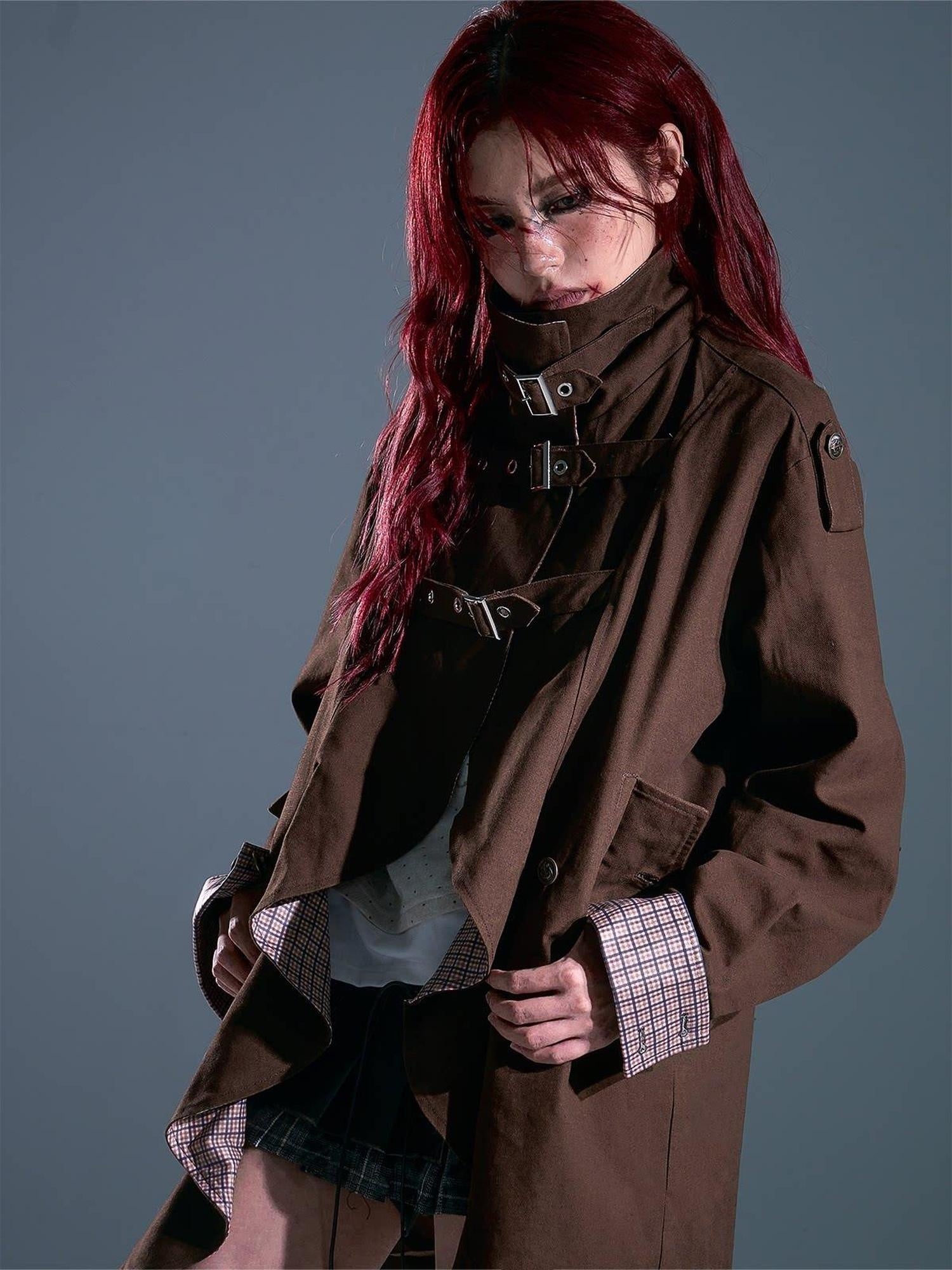 Frustration Garden Vintage Commuter Loose Fit Cotton Plaid Midlength Ruffled Button Trench Coats