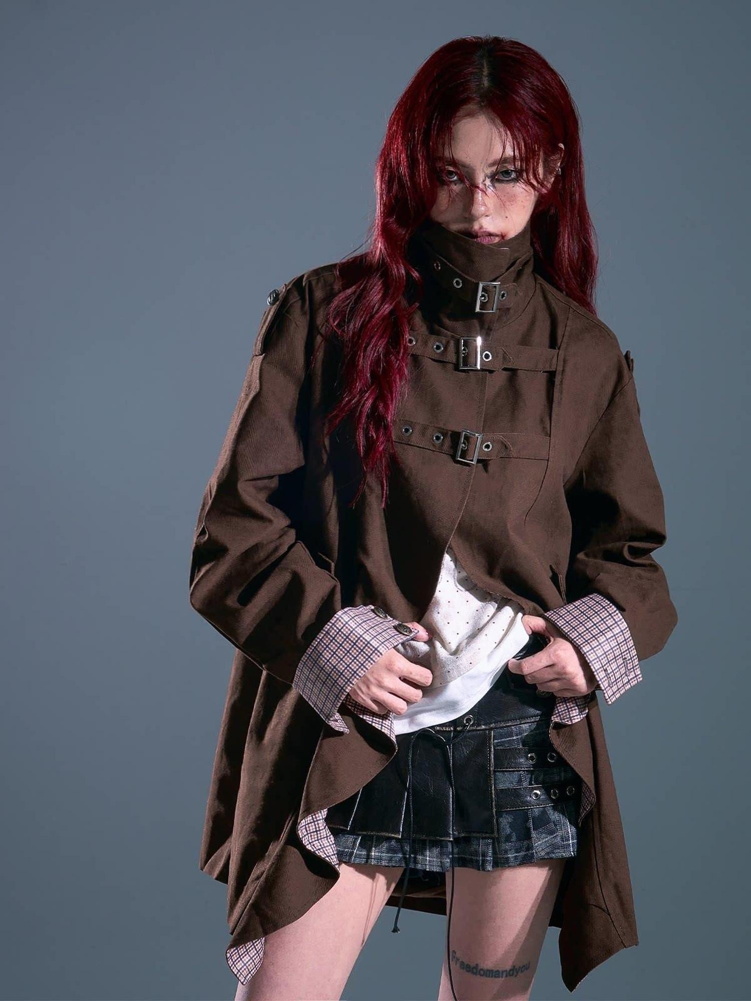 Frustration Garden Vintage Commuter Loose Fit Cotton Plaid Midlength Ruffled Button Trench Coats