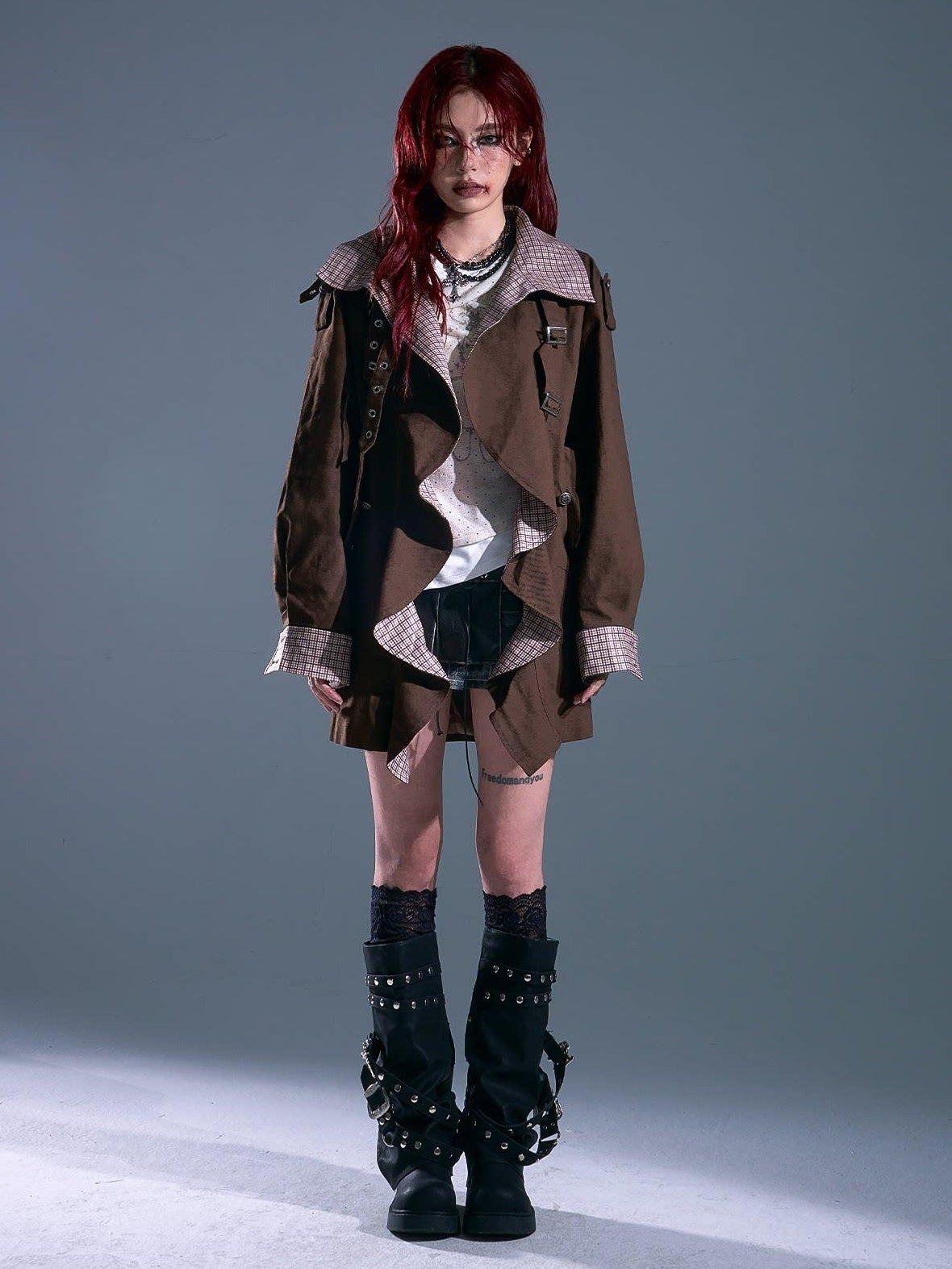Frustration Garden Vintage Commuter Loose Fit Cotton Plaid Midlength Ruffled Button Trench Coats