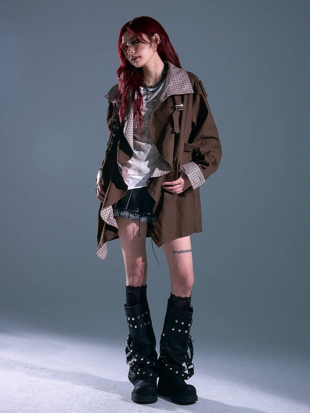 Frustration Garden Vintage Commuter Loose Fit Cotton Plaid Midlength Ruffled Button Trench Coats