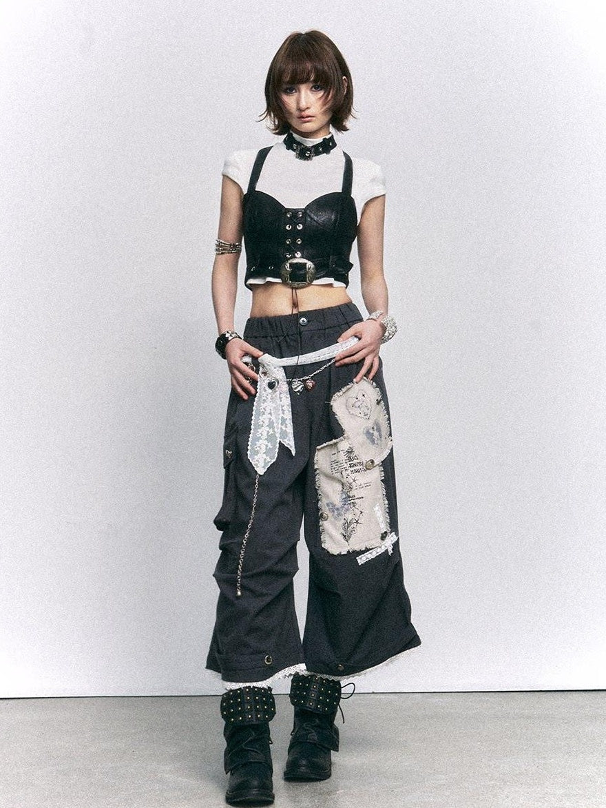Frustration Garden Vintage Printed Patch Natural Waist Button Fly Cropped Women Wide-Leg Pants