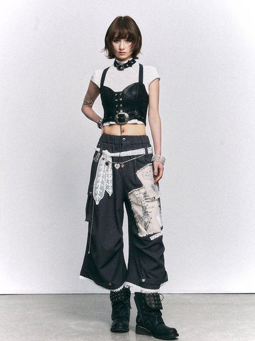 Frustration Garden Vintage Printed Patch Natural Waist Button Fly Cropped Women Wide-Leg Pants