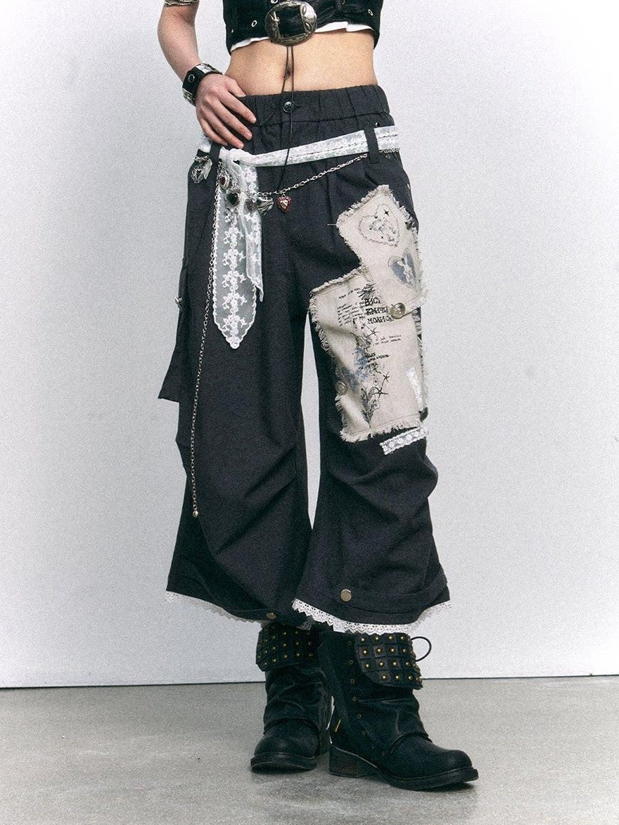 Frustration Garden Vintage Printed Patch Natural Waist Button Fly Cropped Women Wide-Leg Pants