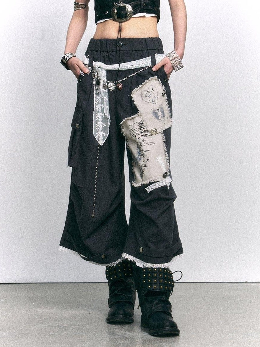 Frustration Garden Vintage Printed Patch Natural Waist Button Fly Cropped Women Wide-Leg Pants