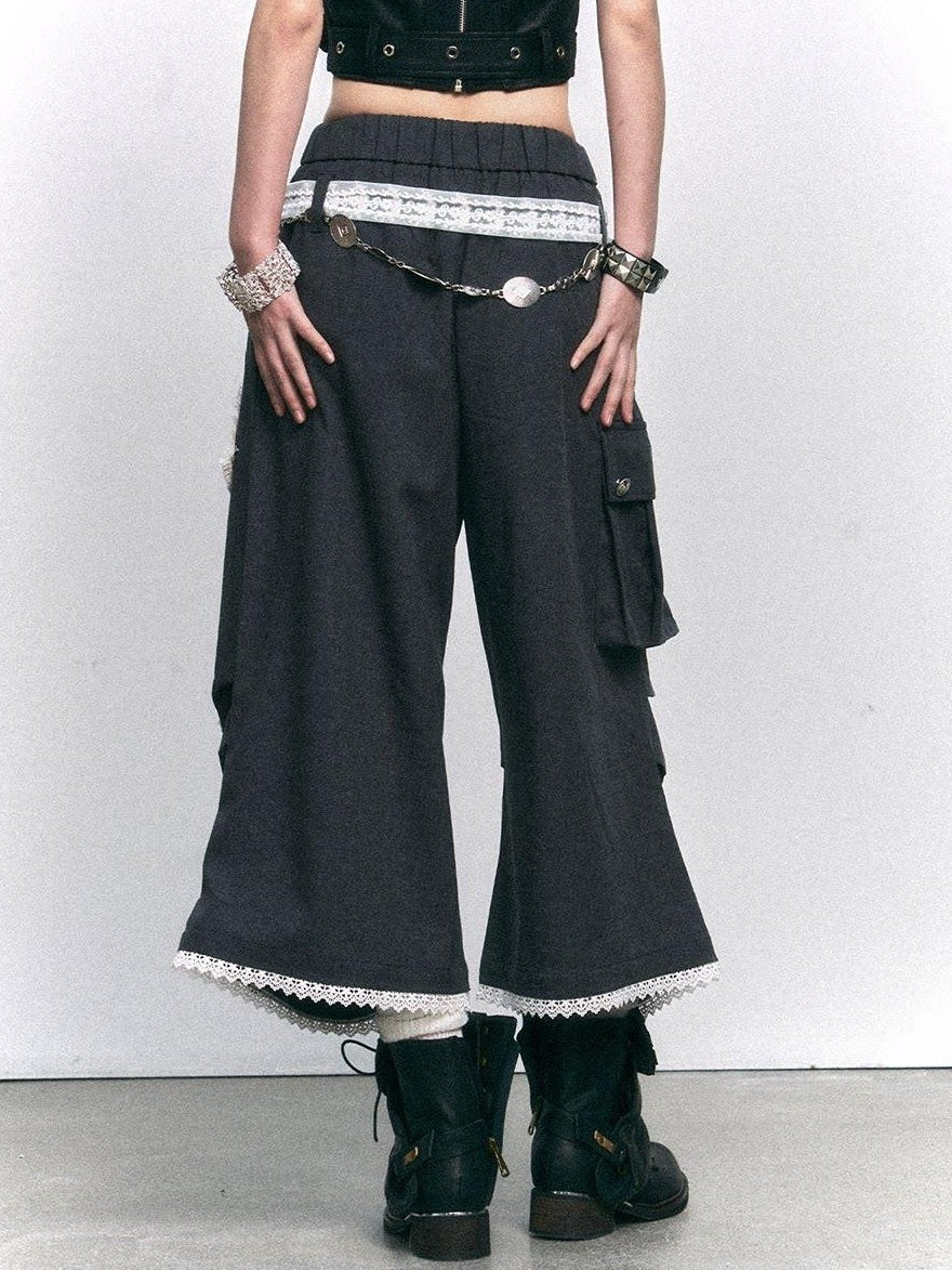 Frustration Garden Vintage Printed Patch Natural Waist Button Fly Cropped Women Wide-Leg Pants