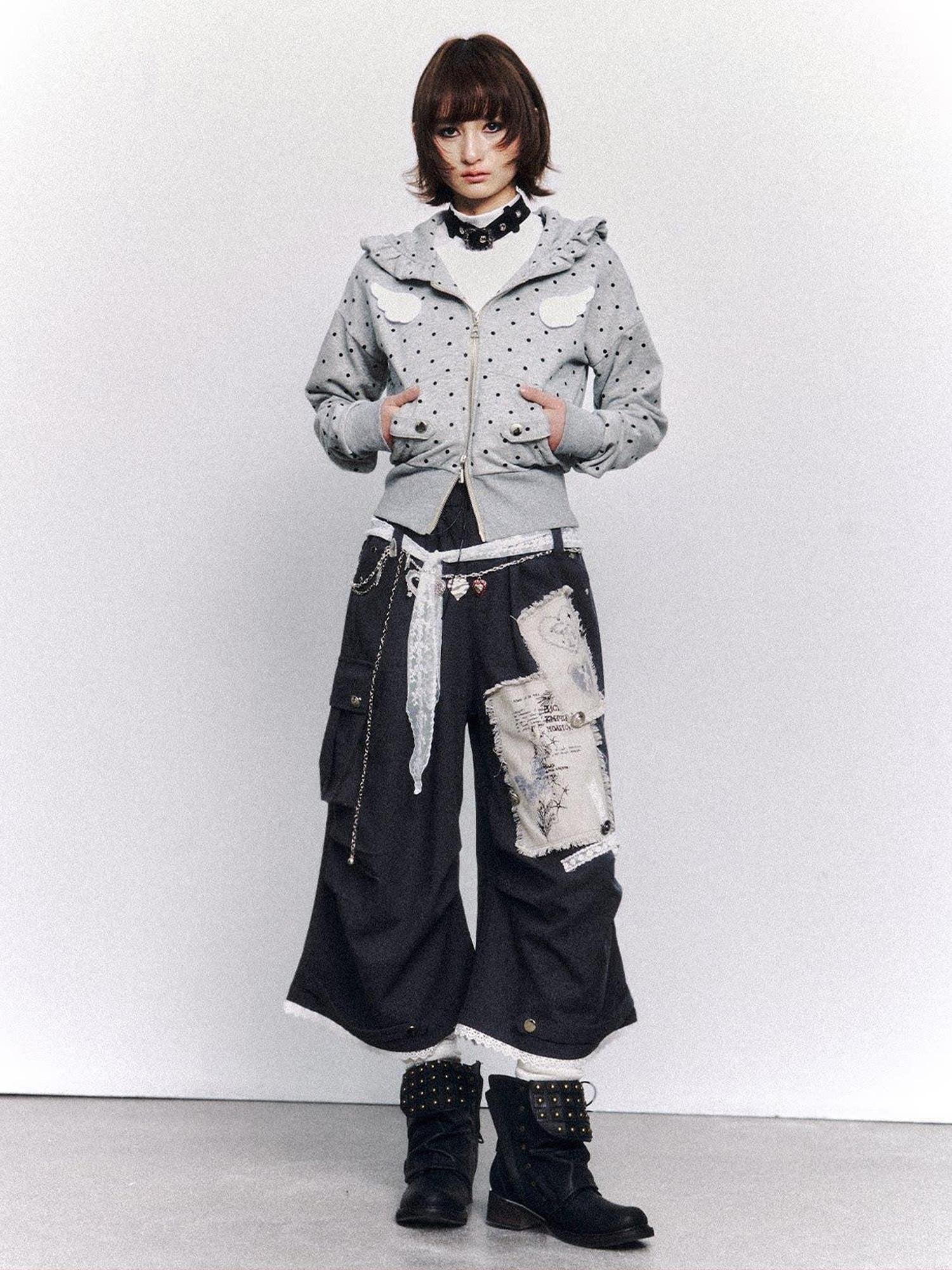 Frustration Garden Vintage Printed Patch Natural Waist Button Fly Cropped Women Wide-Leg Pants