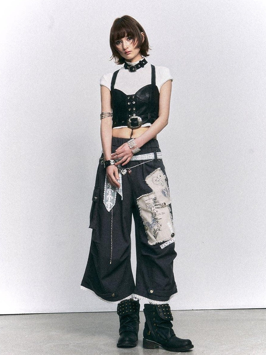 Frustration Garden Vintage Printed Patch Natural Waist Button Fly Cropped Women Wide-Leg Pants