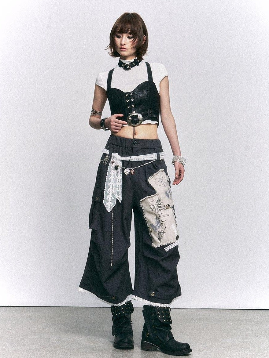 Frustration Garden Vintage Printed Patch Natural Waist Button Fly Cropped Women Wide-Leg Pants